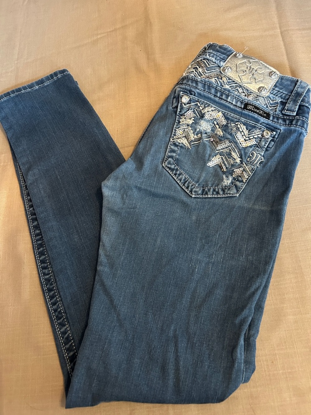 Miss Me Distressed Blue Skinny Jeans with Silver Sequin Pocket Accents